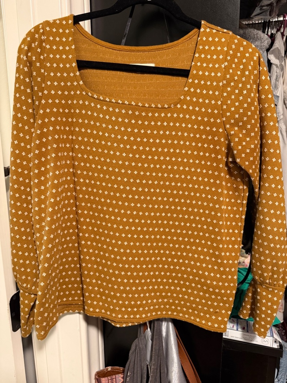 Madewell Mustard Crewneck Sweater with White Micro Diamond Print